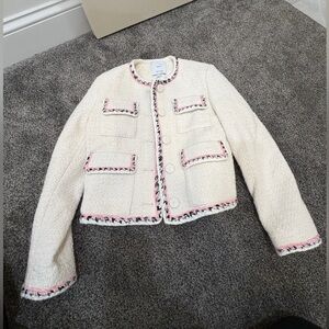 Elegant Cream Tweed Jacket with Pink Accents